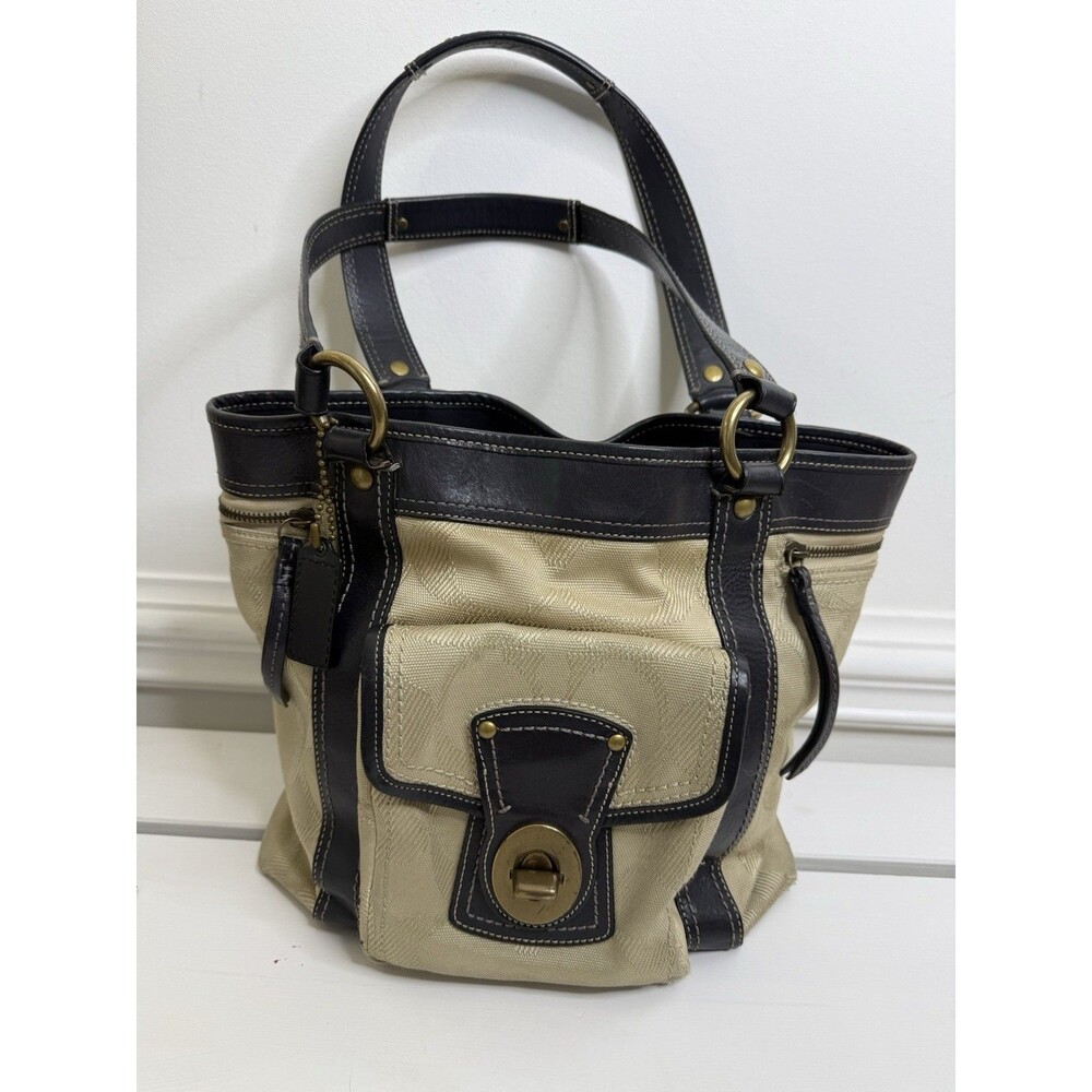Coach Signature Jacquard Canvas Leather Tote Bag Beige Navy Brass Hardware
